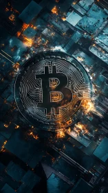 Bitcoin symbol on digital circuit board with glowing sparks.