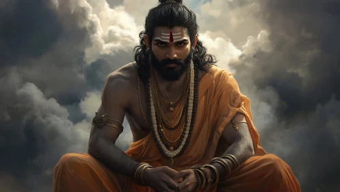 Mystic warrior sage sits in storm-lit celestial clouds