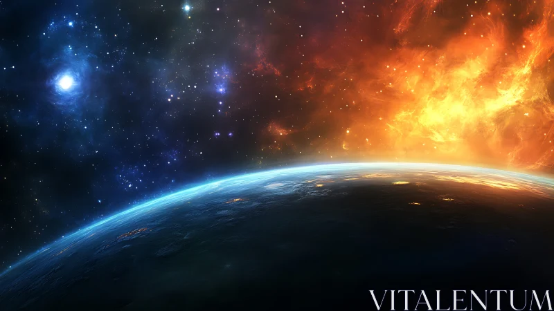 Planet horizon under star field and intense stellar flare