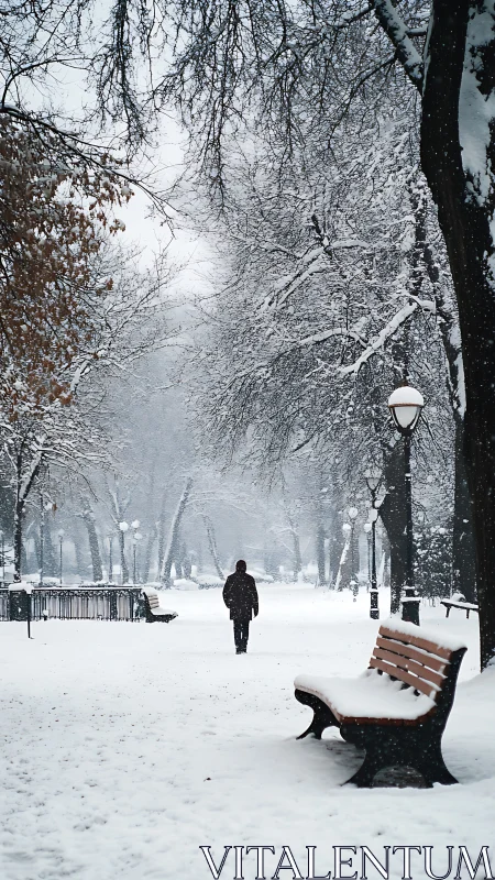 Solitary figure walking through a snow-laden urban park