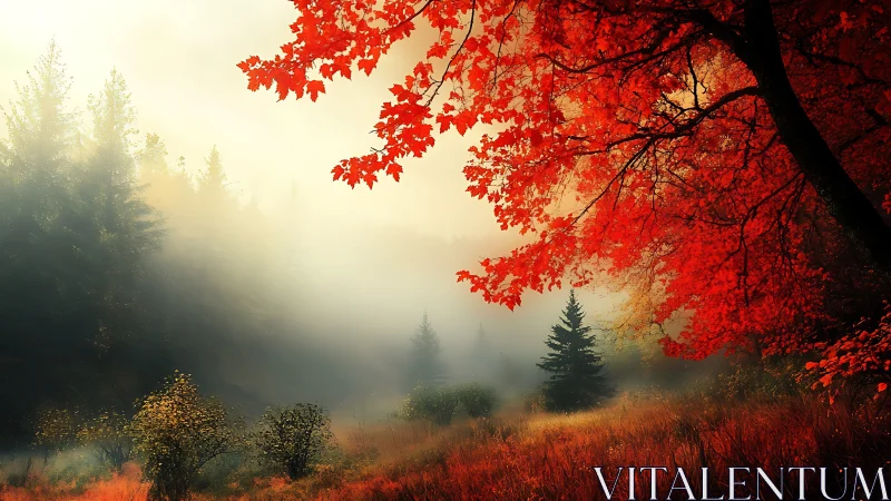 Misty Autumn Forest With Brilliant Red Maple Foliage
