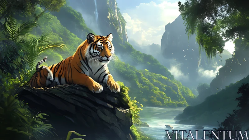 Gentle jungle tiger resting above a misty river valley.