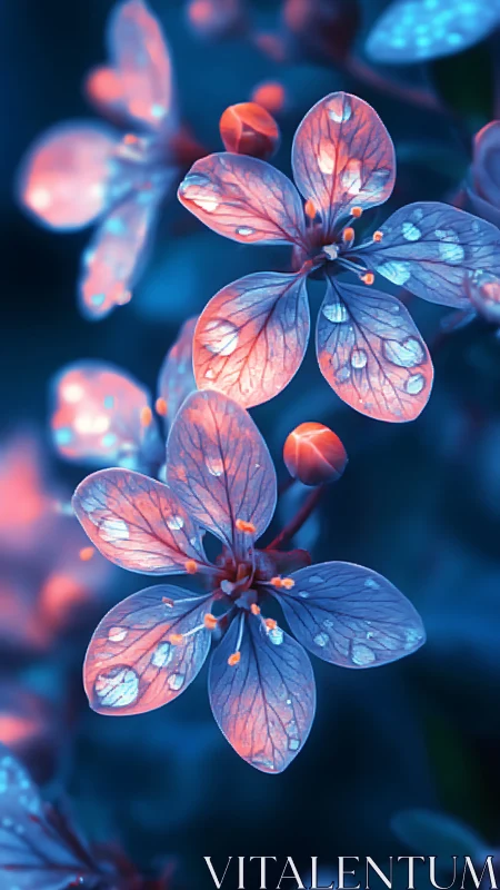 Luminescent flowers glow pink and blue in dark environment
