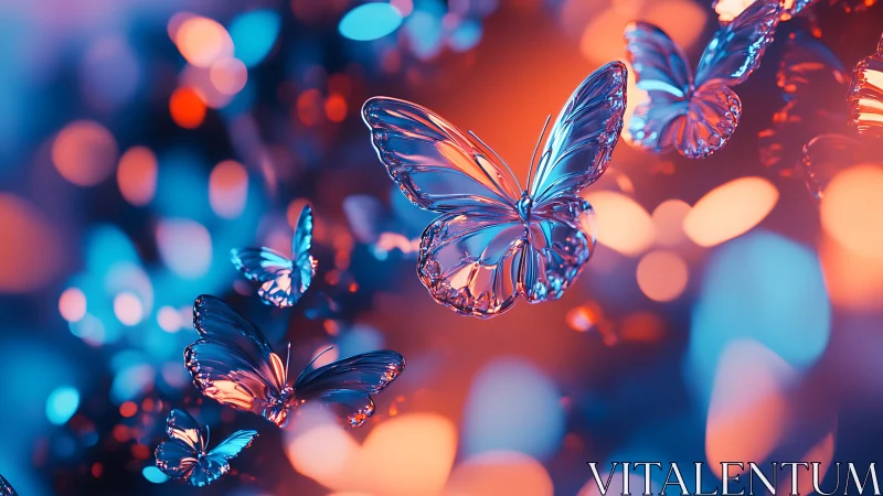 Chromed glass butterflies in neon bokeh, shallow depth of field