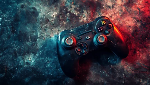 Gaming controller illuminated with neon red and cyan digital effects.