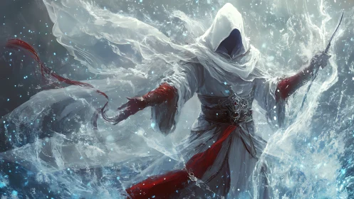 Mystical hooded mage shaping swirling water and light.