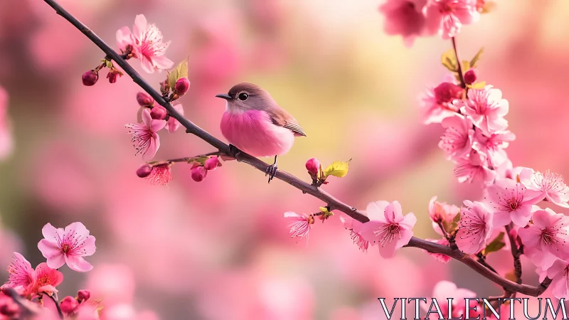 Peach-Breasted Bird Perched Among Blooming Cherry Blossoms. Nature Portrait.