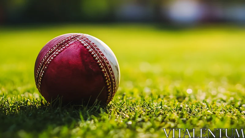 Cricket ball resting on vivid sunlit outfield grass.