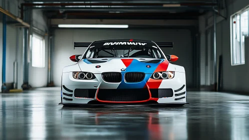 Front-facing BMW GT racecar in clinical workshop lighting.