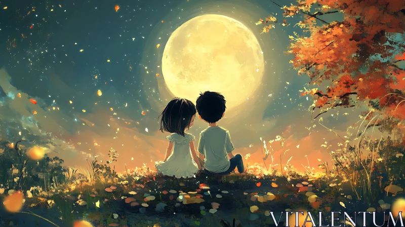 Two Children Under the Moon's Enchanting Glow.