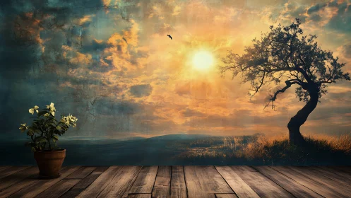 Sunlit wall art and potted plant in a cozy wooden room.