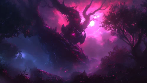 Enchanted voidtree under a wild neon twilight sky.