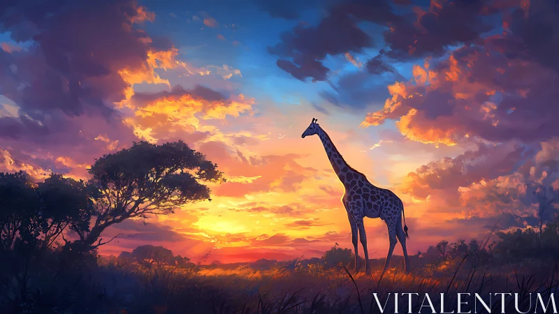 Giraffe pauses under wildfire clouds at painted savanna dusk.