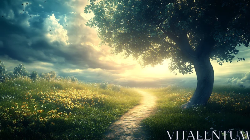 Backlit country path curves through meadow under volumetric sky