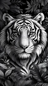 Monochrome vector tiger portrait with high-contrast foliage geometry.