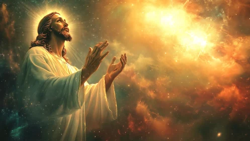 Praying robed man under glowing golden celestial light.