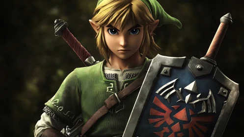 Elf warrior holds engraved shield under moody forest light.