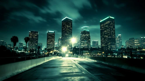 Moody turquoise night view of modern city skyline.