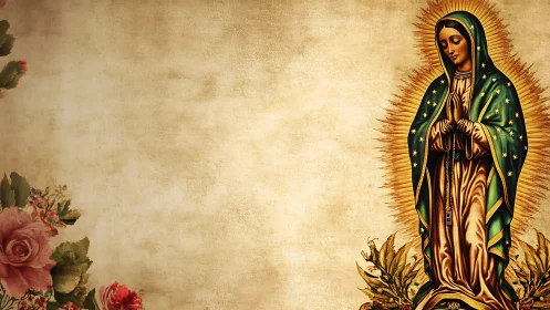 Religious icon in ornate mantle beside vintage roses background.