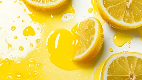 Macro close-up of sliced lemons with glossy juice splashes