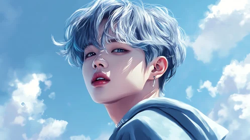 Celestial portrait with cyan hair under volumetric daylight sky.