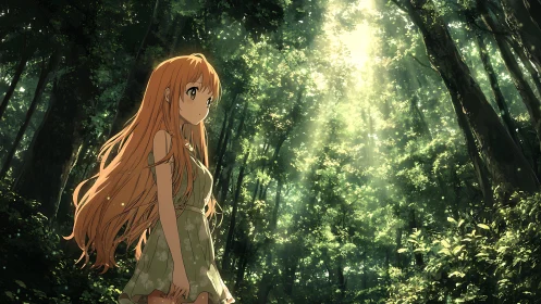 Anime forest portrait under dappled volumetric sunlight.