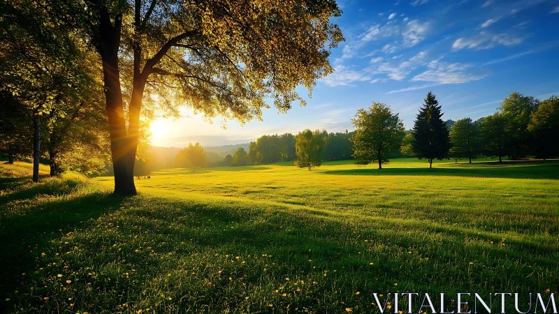 Low-angle sun illuminates open grassy field with scattered trees