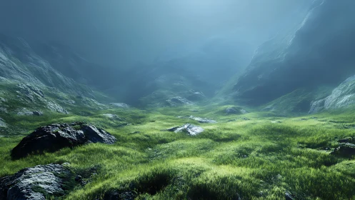 Luminous grass valley under misty mountain slopes.