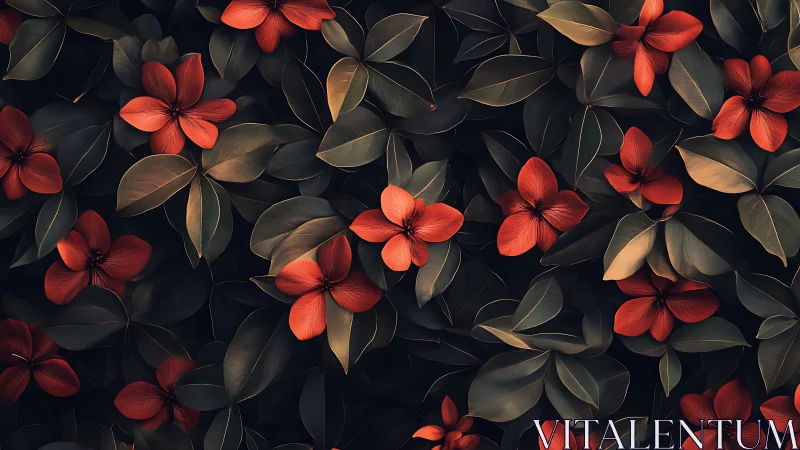 Red tropical flowers cluster against dark glossy foliage