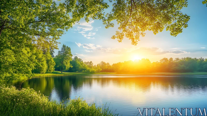 Sunlit lake landscape with dense green trees at sunrise.