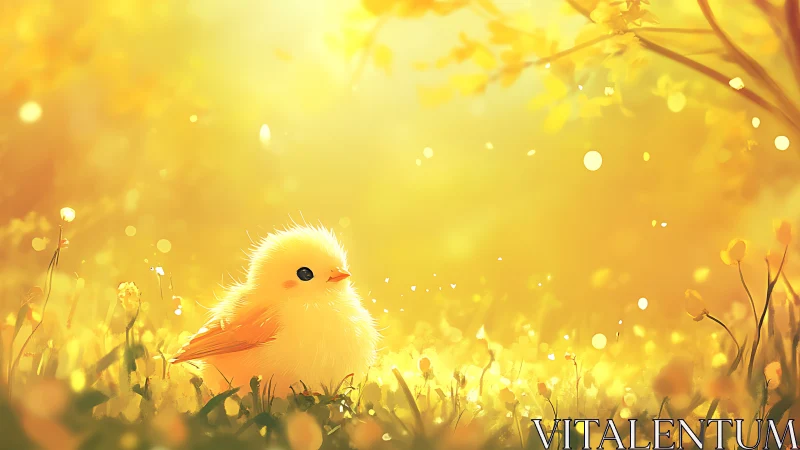 Sunlit spring chick resting in glowing meadow haze.