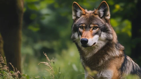 Gentle wolf pauses in a quiet green forest clearing