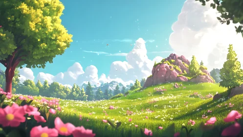 Digital painting landscape with floral meadow and rocky rise.