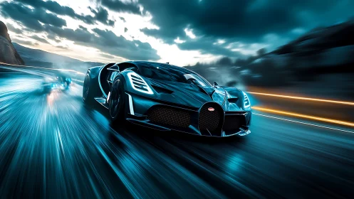 Midnight hypercar slices stormy highway in neon streaks
