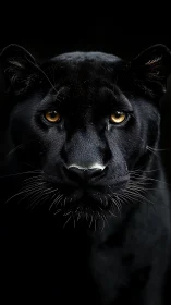 Black Panther Frontal Portrait with Amber Eyes Against Dark Backdrop