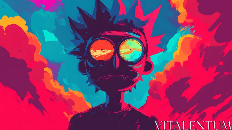 Neon-saturated cartoon figure with reflective explosive sky.