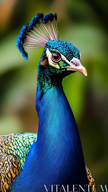 High-saturation close-up portrait of peafowl head with iridescent plumage