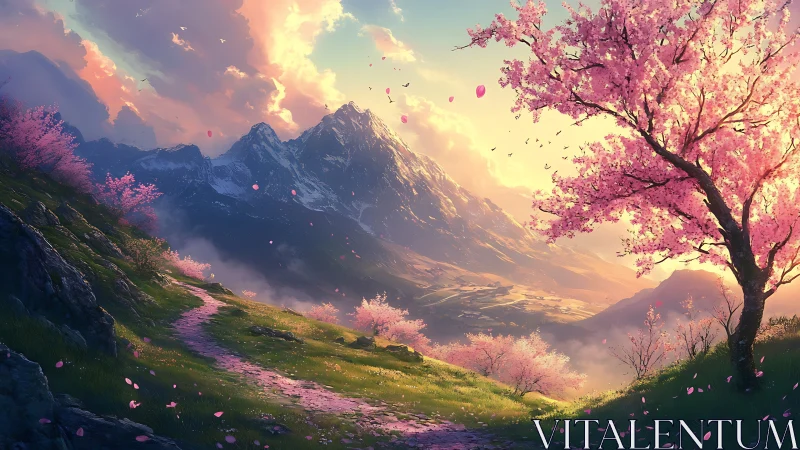 Soft spring path winds toward glowing snow capped mountains