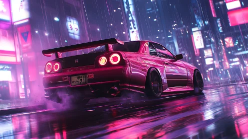 Neon-soaked drift coupe under cyber-urban rainfall dynamics.