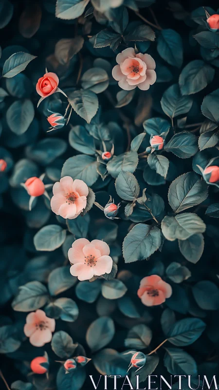 Coral Roses with Teal Foliage.