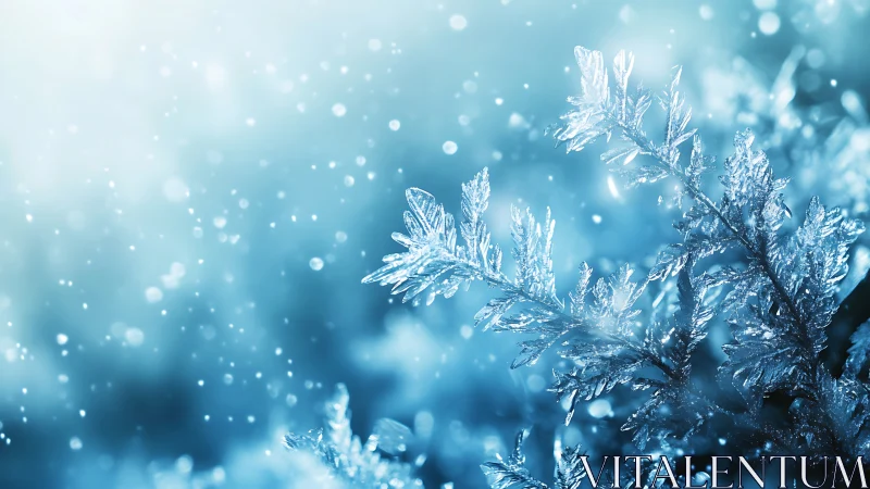 Macro icy fern leaves under soft blue winter bokeh light.