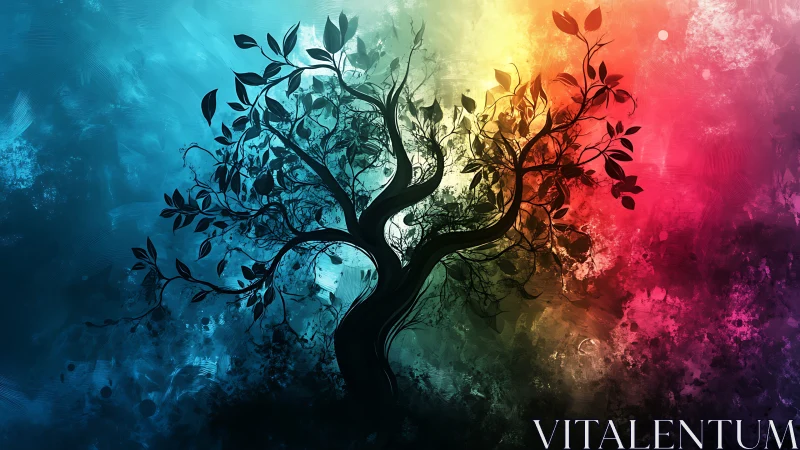 Color-splashed silhouette tree dreaming across the sky.