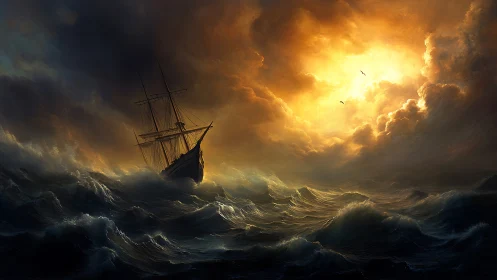 Storm-tossed sailing ship cuts through glowing twilight sky