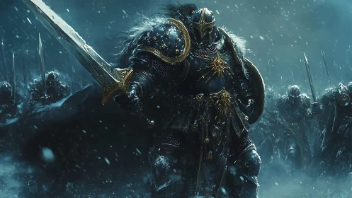 Digital painting of golden-clad warlord leading icy charge.