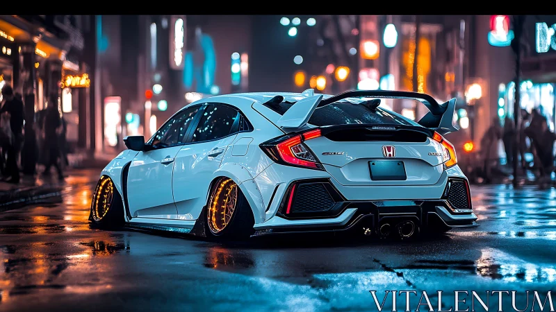 Lowered tuner Honda glows against neon soaked night streets
