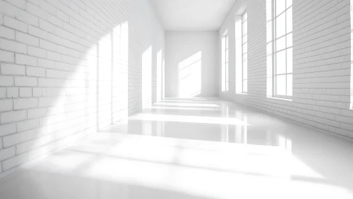 Sunlit white brick gallery corridor washed in radiant calm.