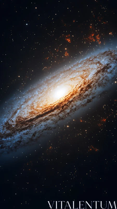 Spiraling galaxy glows in deep space with fiery star clusters