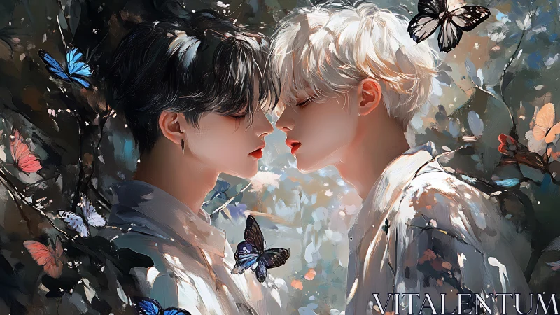 Romantic digital portrait of two youths amid swirling butterflies