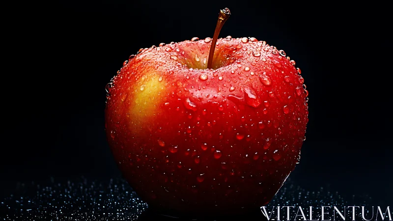 Glistening red apple resting quietly in inky black space.