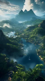 Tropical Mountain Sanctuary: Aerial Landscape with Verdant Valley and Coastal Waters.